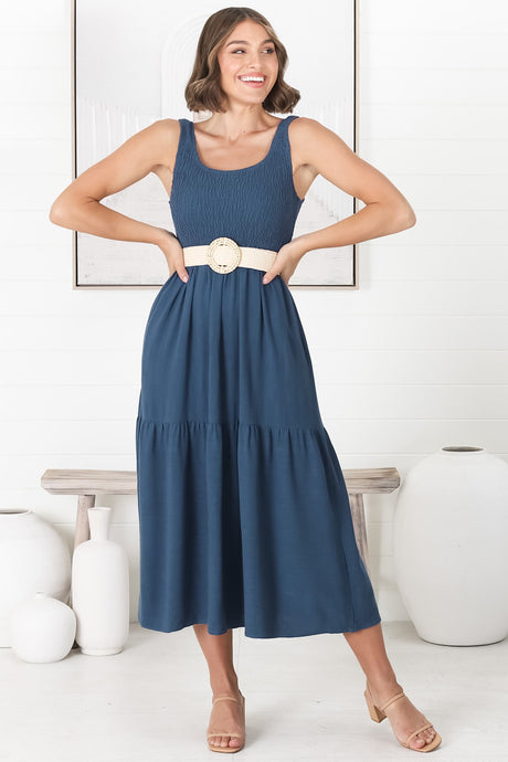 Ramsy Midi Dress - Linen Elasticated Bodice Tiered Sun Dress in Blue