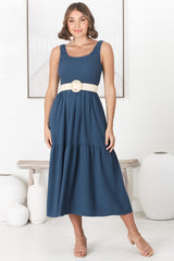 Ramsy Midi Dress - Linen Elasticated Bodice Tiered Sun Dress in Blue