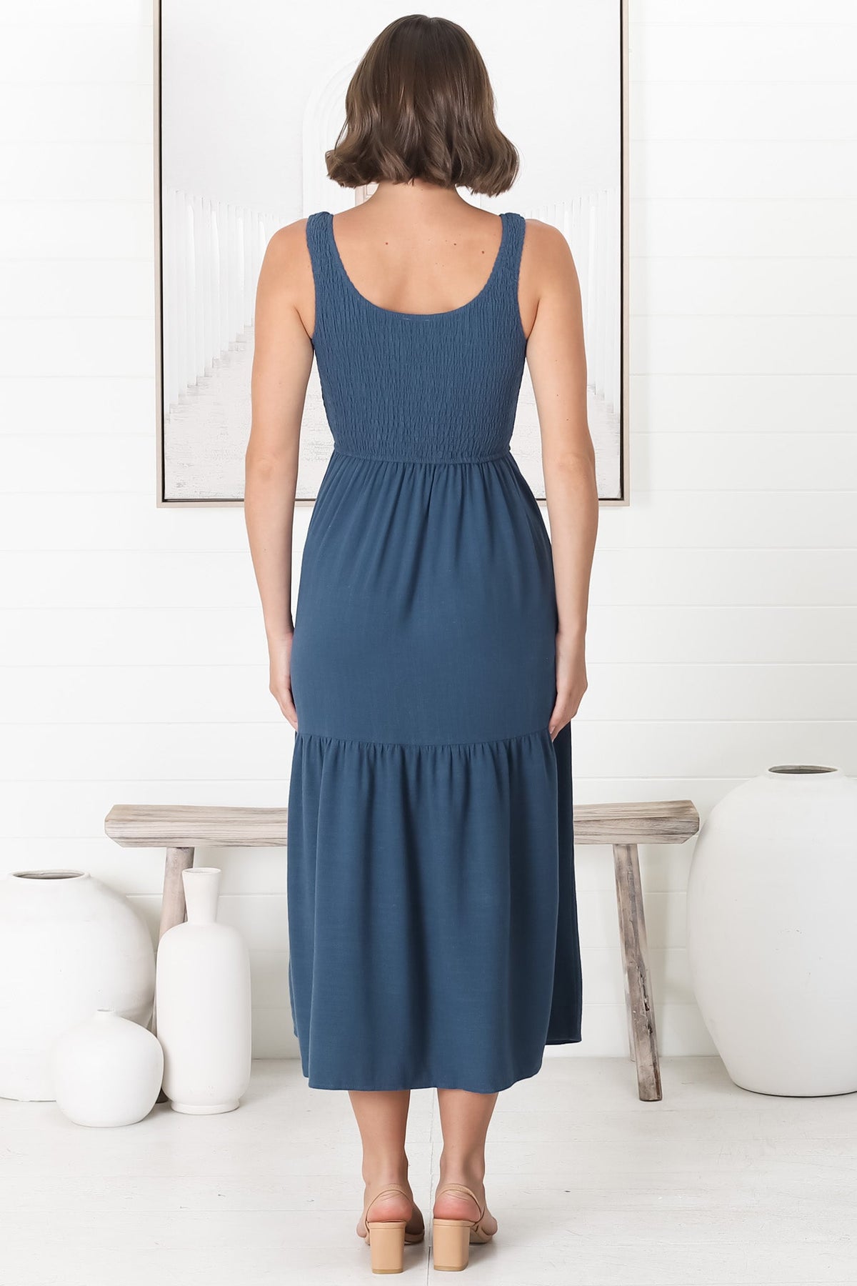 Ramsy Midi Dress - Linen Elasticated Bodice Tiered Sun Dress in Blue