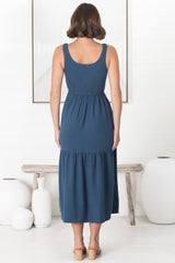 Ramsy Midi Dress - Linen Elasticated Bodice Tiered Sun Dress in Blue