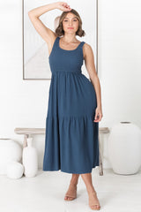 Ramsy Midi Dress - Linen Elasticated Bodice Tiered Sun Dress in Blue