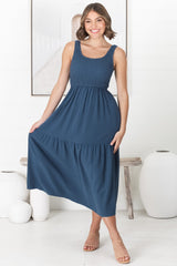 Ramsy Midi Dress - Linen Elasticated Bodice Tiered Sun Dress in Blue