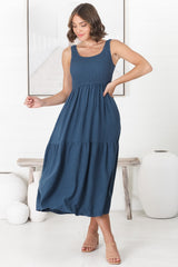 Ramsy Midi Dress - Linen Elasticated Bodice Tiered Sun Dress in Blue