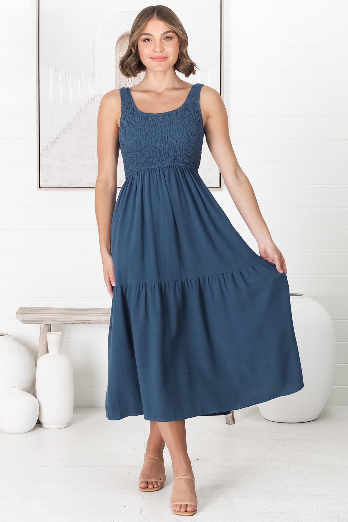 Ramsy Midi Dress - Linen Elasticated Bodice Tiered Sun Dress in Blue