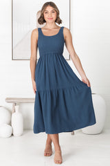 Ramsy Midi Dress - Linen Elasticated Bodice Tiered Sun Dress in Blue