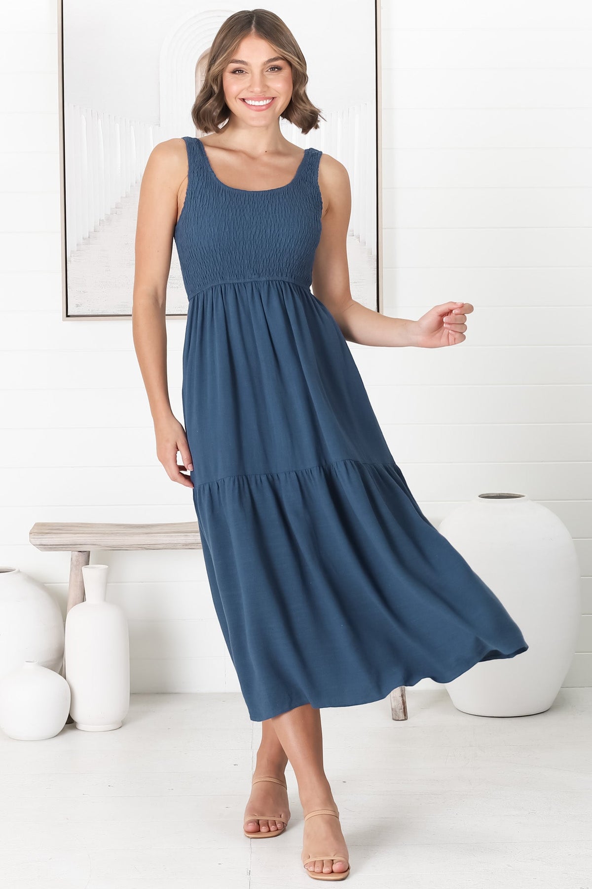Ramsy Midi Dress - Linen Elasticated Bodice Tiered Sun Dress in Blue