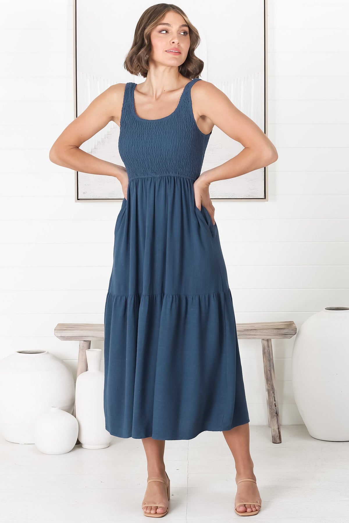Ramsy Midi Dress - Linen Elasticated Bodice Tiered Sun Dress in Blue