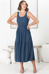 Ramsy Midi Dress - Linen Elasticated Bodice Tiered Sun Dress in Blue