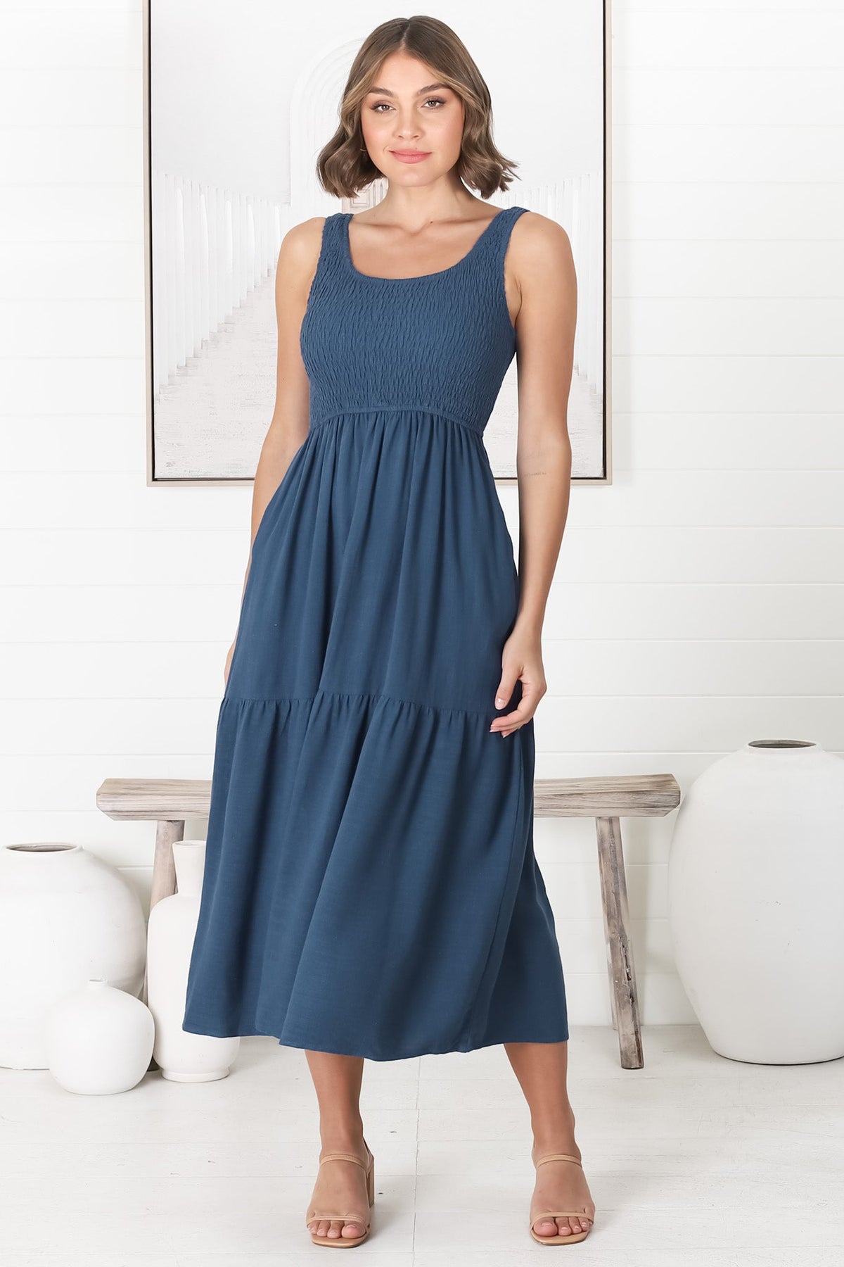 Ramsy Midi Dress - Linen Elasticated Bodice Tiered Sun Dress in Blue