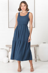 Ramsy Midi Dress - Linen Elasticated Bodice Tiered Sun Dress in Blue