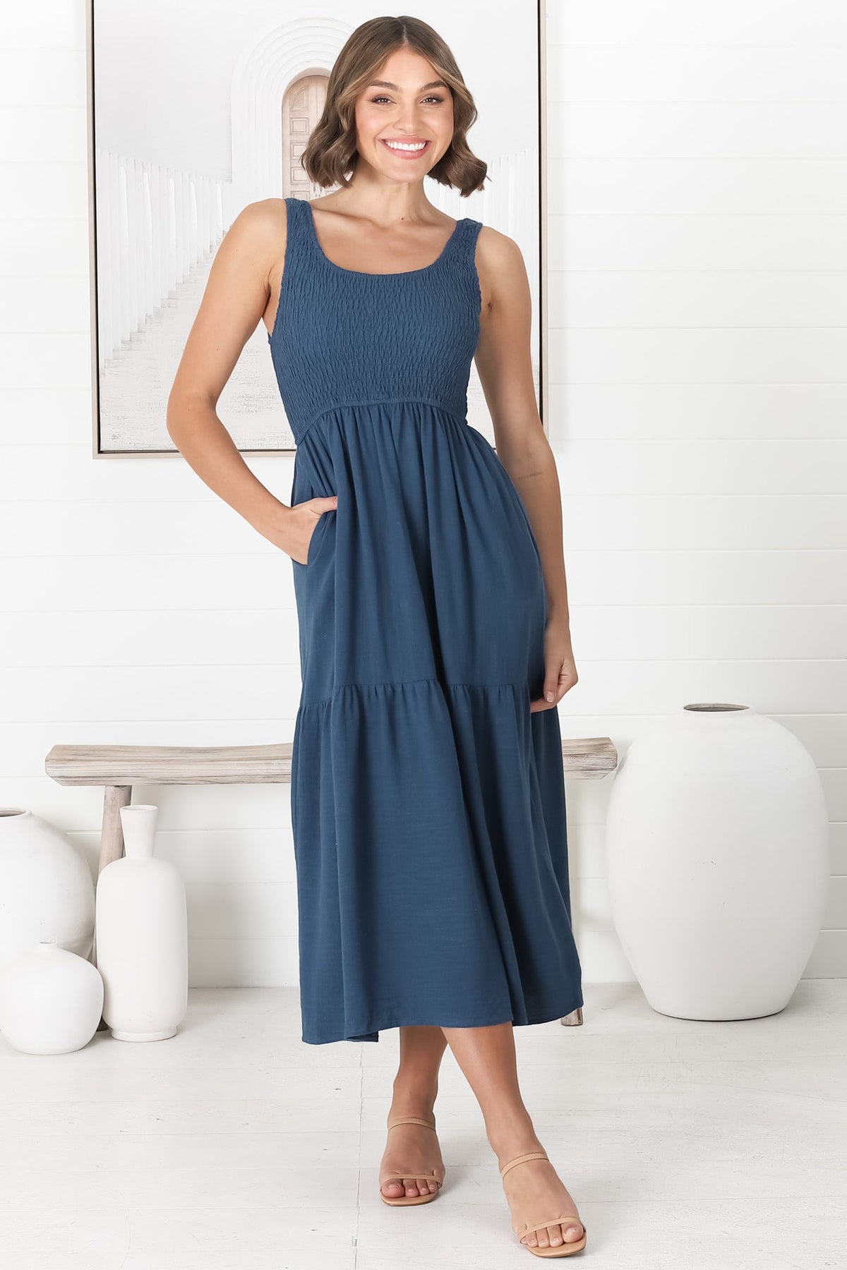 Ramsy Midi Dress - Linen Elasticated Bodice Tiered Sun Dress in Blue