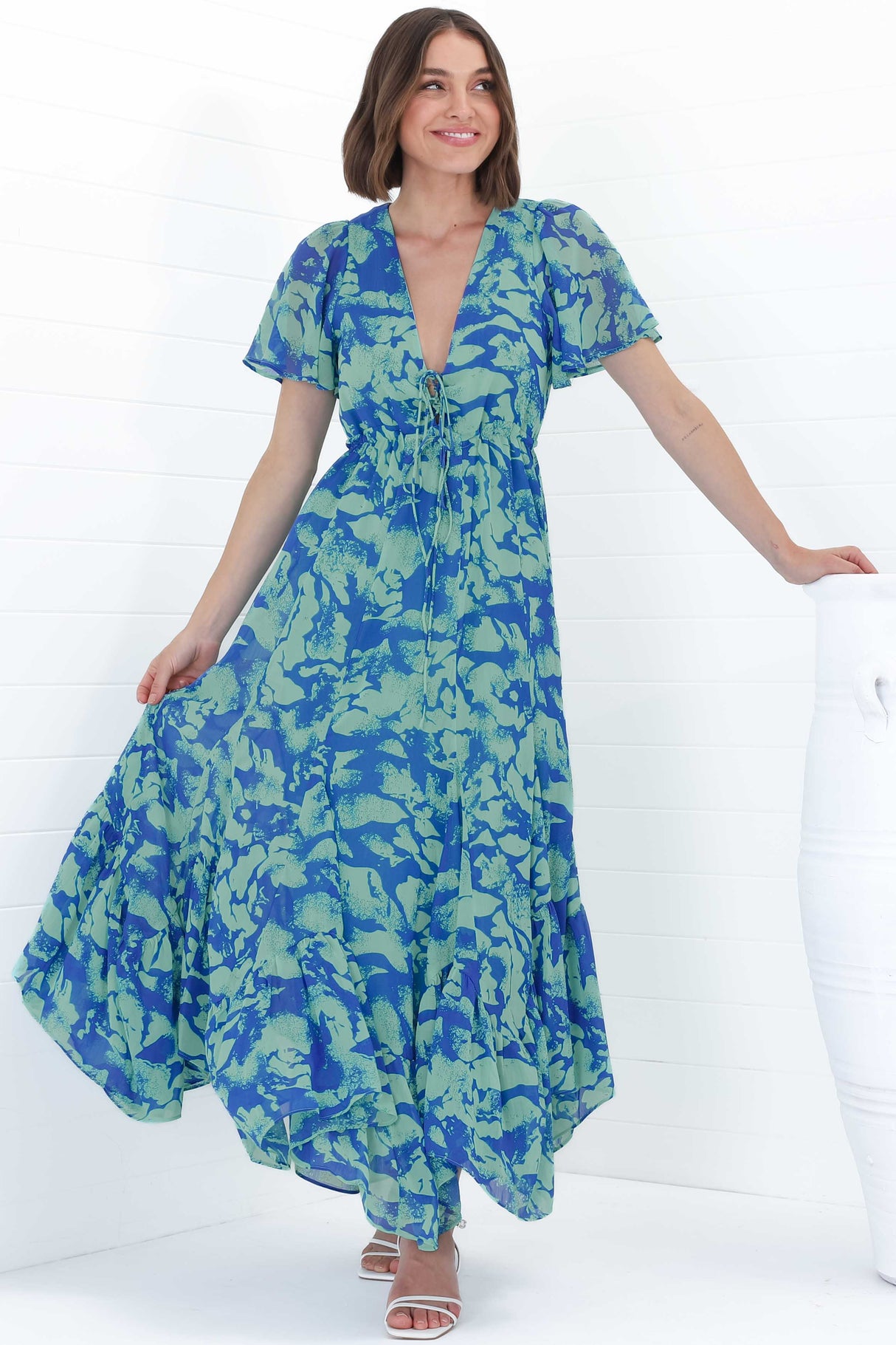 Ranaya Maxi Dress - Cap Sleeve Tie Bust Detailed A-Line Dress in Francis Print Blue