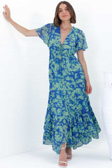 Ranaya Maxi Dress - Cap Sleeve Tie Bust Detailed A-Line Dress in Francis Print Blue