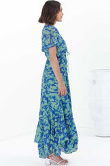 Ranaya Maxi Dress - Cap Sleeve Tie Bust Detailed A-Line Dress in Francis Print Blue