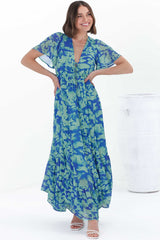 Ranaya Maxi Dress - Cap Sleeve Tie Bust Detailed A-Line Dress in Francis Print Blue