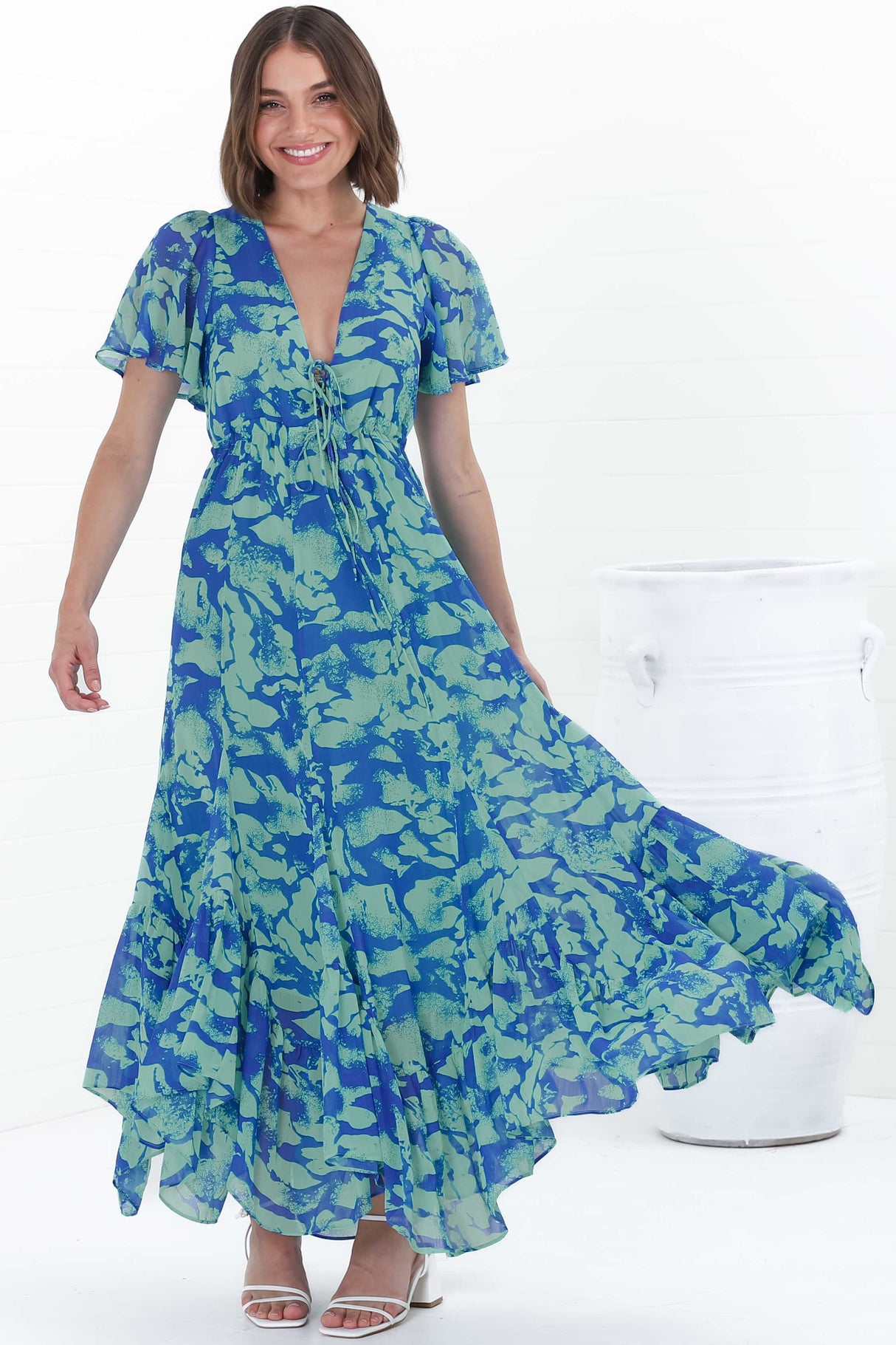 Ranaya Maxi Dress - Cap Sleeve Tie Bust Detailed A-Line Dress in Francis Print Blue