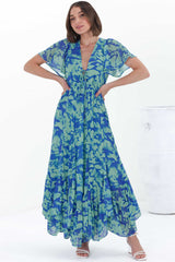 Ranaya Maxi Dress - Cap Sleeve Tie Bust Detailed A-Line Dress in Francis Print Blue