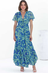 Ranaya Maxi Dress - Cap Sleeve Tie Bust Detailed A-Line Dress in Francis Print Blue