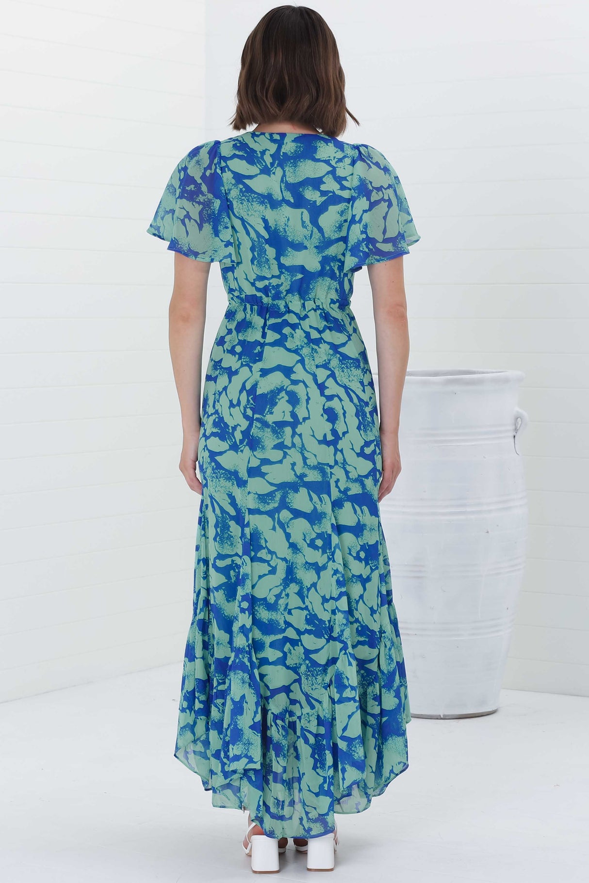 Ranaya Maxi Dress - Cap Sleeve Tie Bust Detailed A-Line Dress in Francis Print Blue