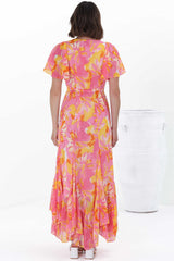 Ranaya Maxi Dress - Cap Sleeve Tie Bust Detailed A-Line Dress in Lucy Print Pink