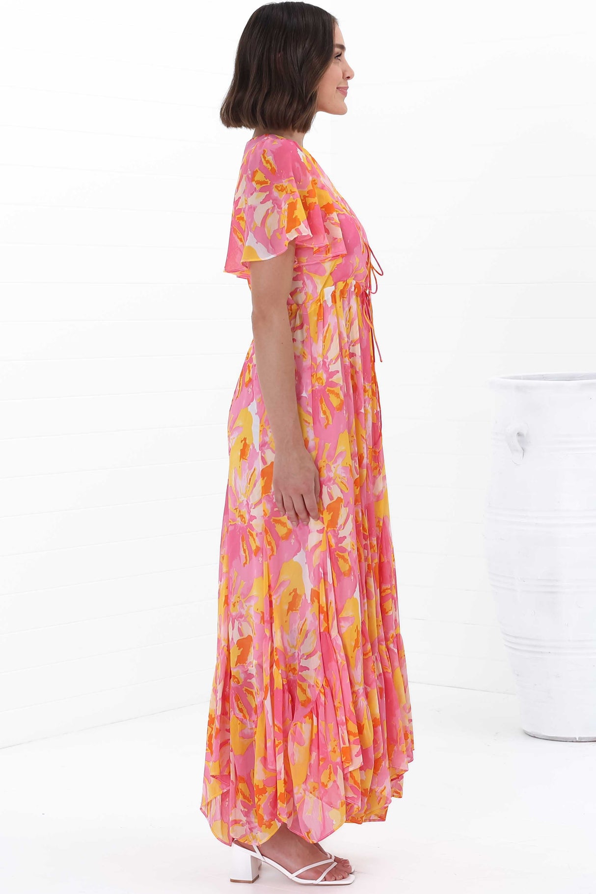 Ranaya Maxi Dress - Cap Sleeve Tie Bust Detailed A-Line Dress in Lucy Print Pink