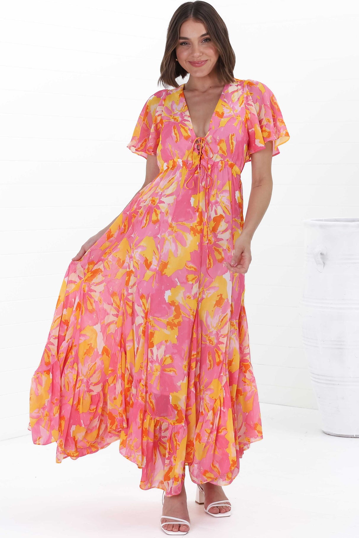 Ranaya Maxi Dress - Cap Sleeve Tie Bust Detailed A-Line Dress in Lucy Print Pink