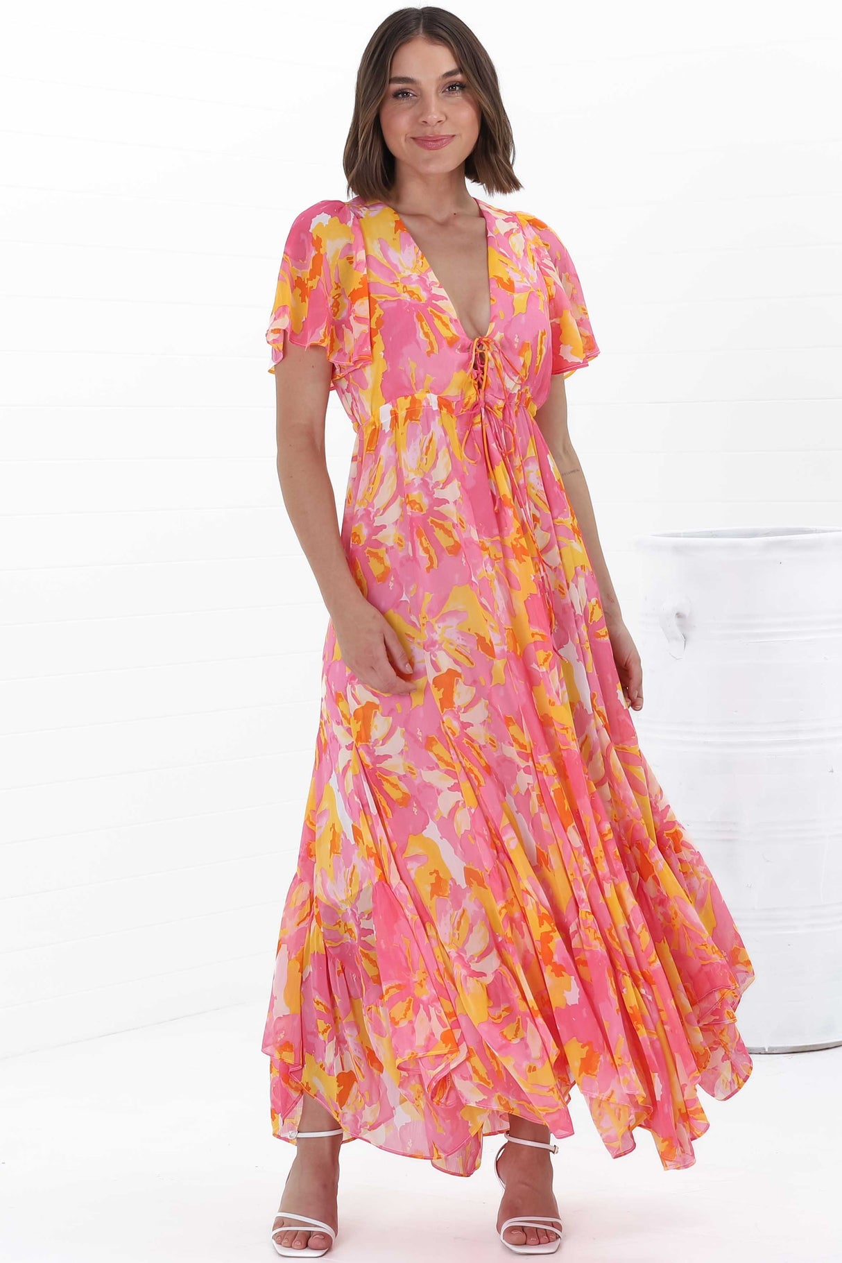 Ranaya Maxi Dress - Cap Sleeve Tie Bust Detailed A-Line Dress in Lucy Print Pink