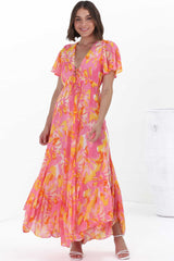 Ranaya Maxi Dress - Cap Sleeve Tie Bust Detailed A-Line Dress in Lucy Print Pink