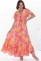 Ranaya Maxi Dress - Cap Sleeve Tie Bust Detailed A-Line Dress in Lucy Print Pink