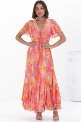 Ranaya Maxi Dress - Cap Sleeve Tie Bust Detailed A-Line Dress in Lucy Print Pink