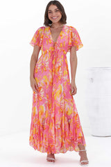 Ranaya Maxi Dress - Cap Sleeve Tie Bust Detailed A-Line Dress in Lucy Print Pink