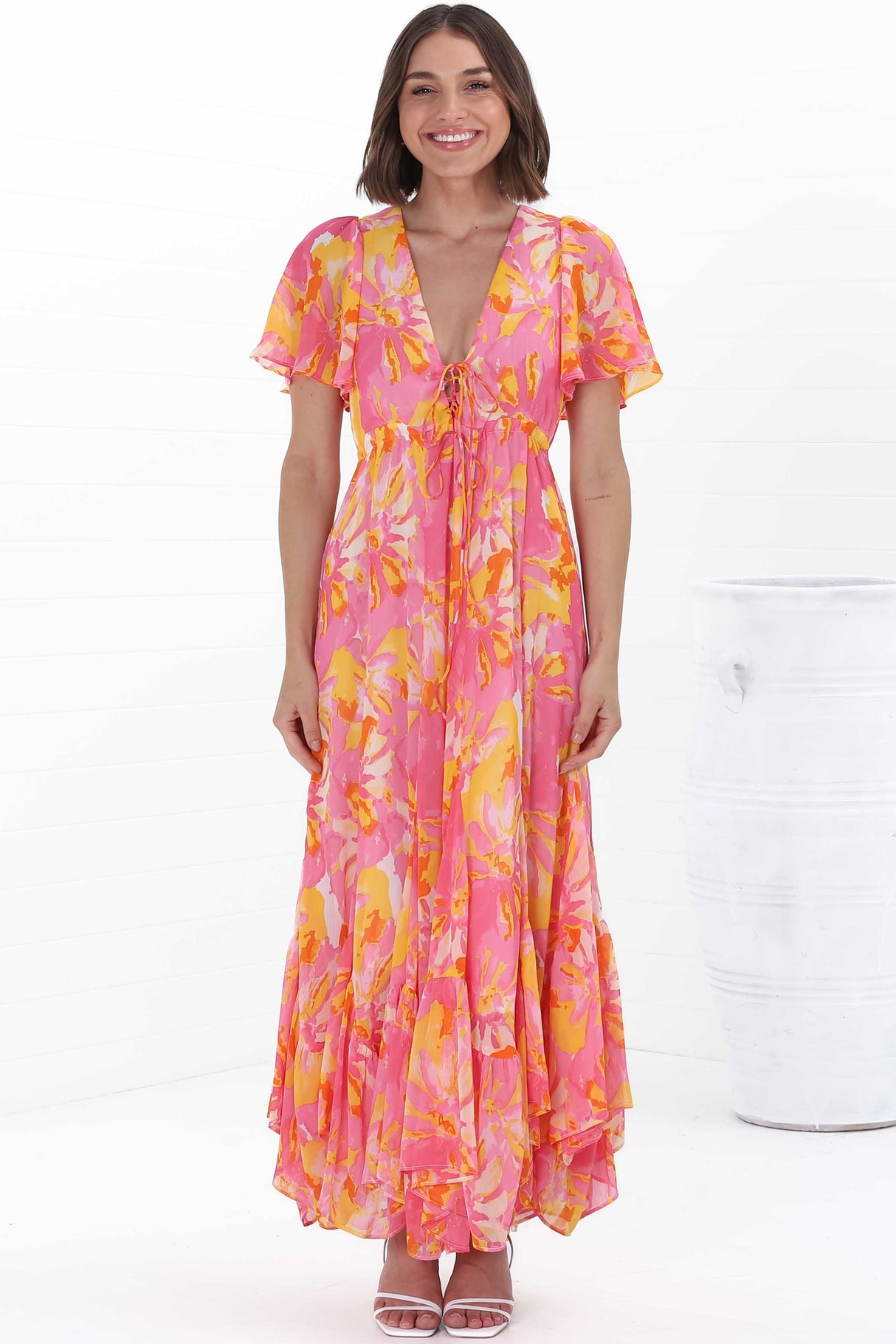 Ranaya Maxi Dress - Cap Sleeve Tie Bust Detailed A-Line Dress in Lucy Print Pink