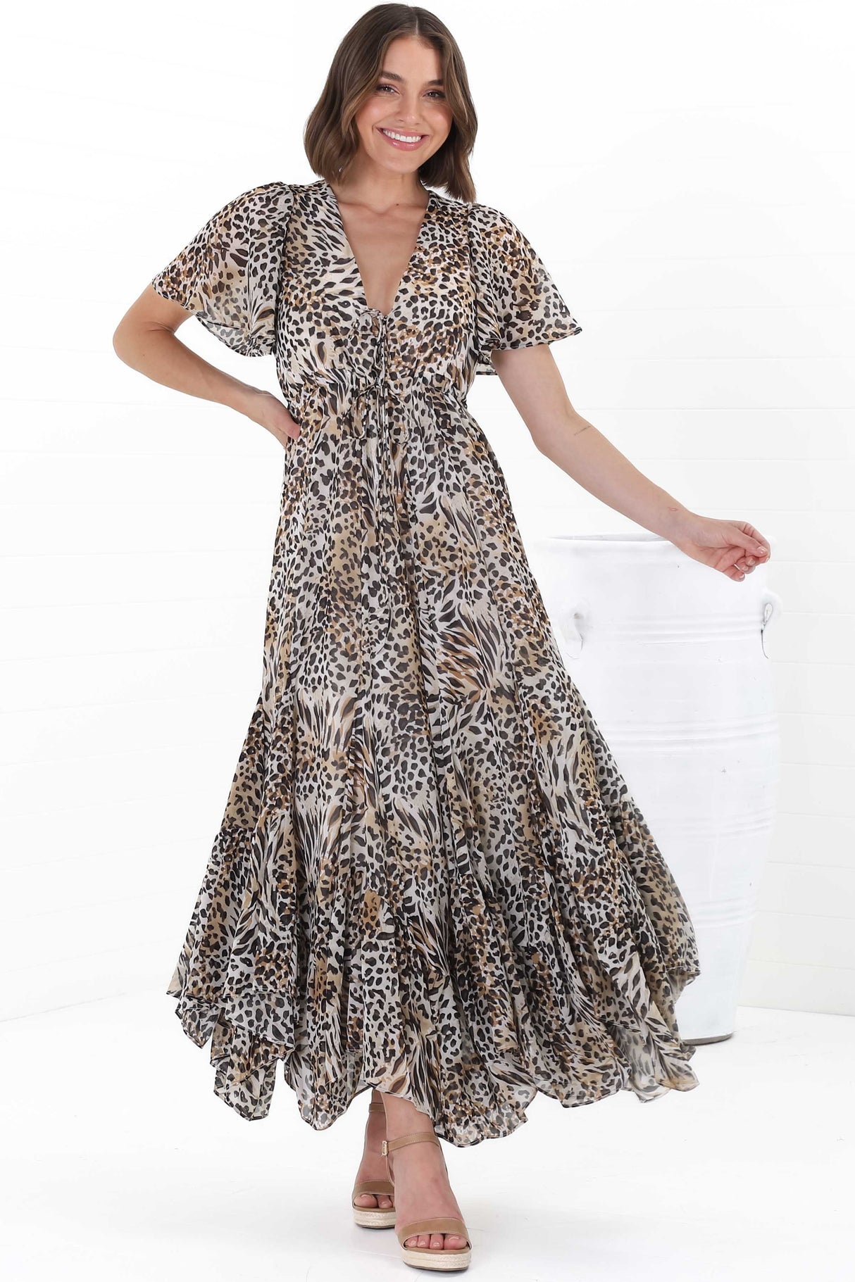 Ranaya Maxi Dress - Cap Sleeve Tie Bust Detailed A-Line Dress in Ralie Print