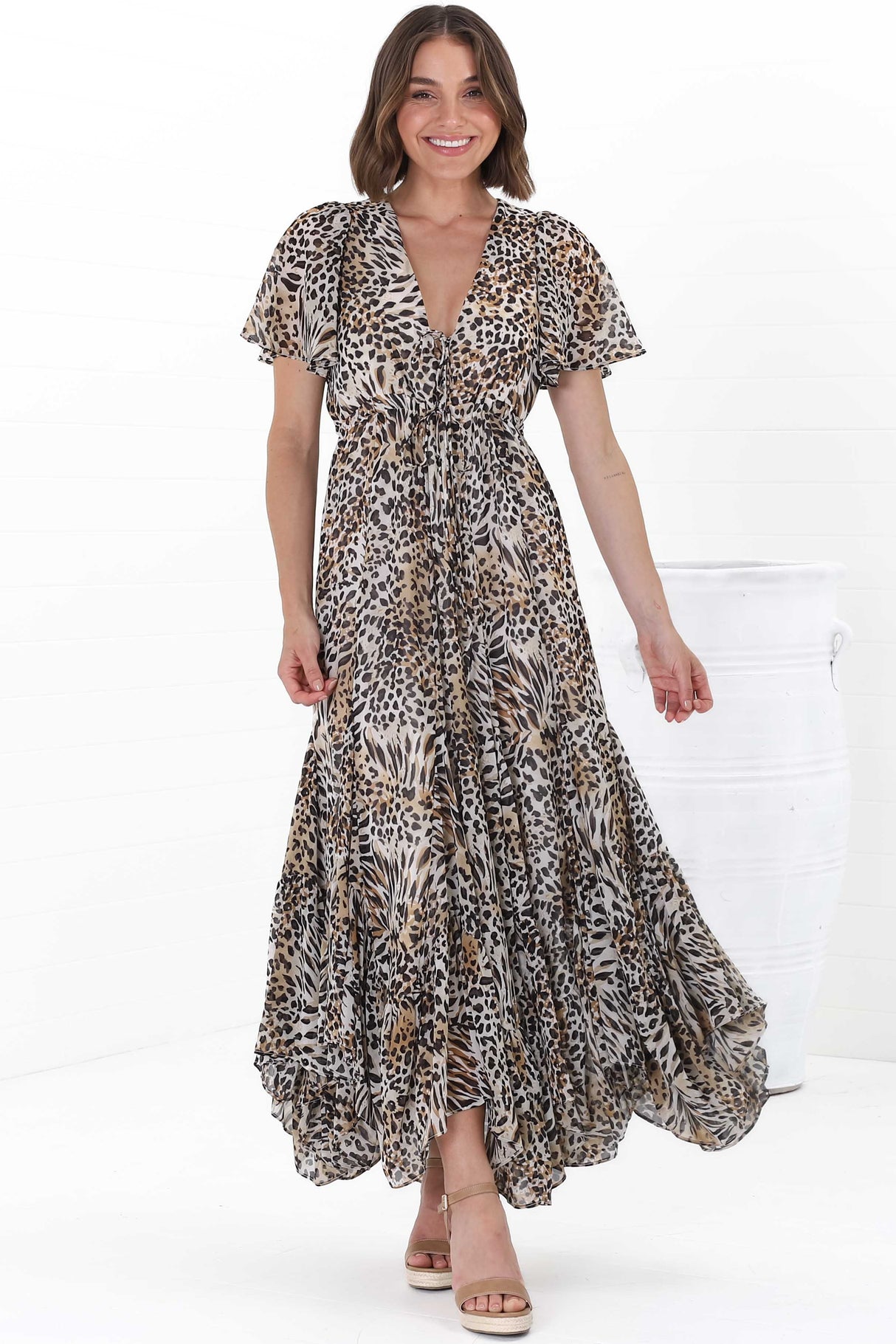 Ranaya Maxi Dress - Cap Sleeve Tie Bust Detailed A-Line Dress in Ralie Print