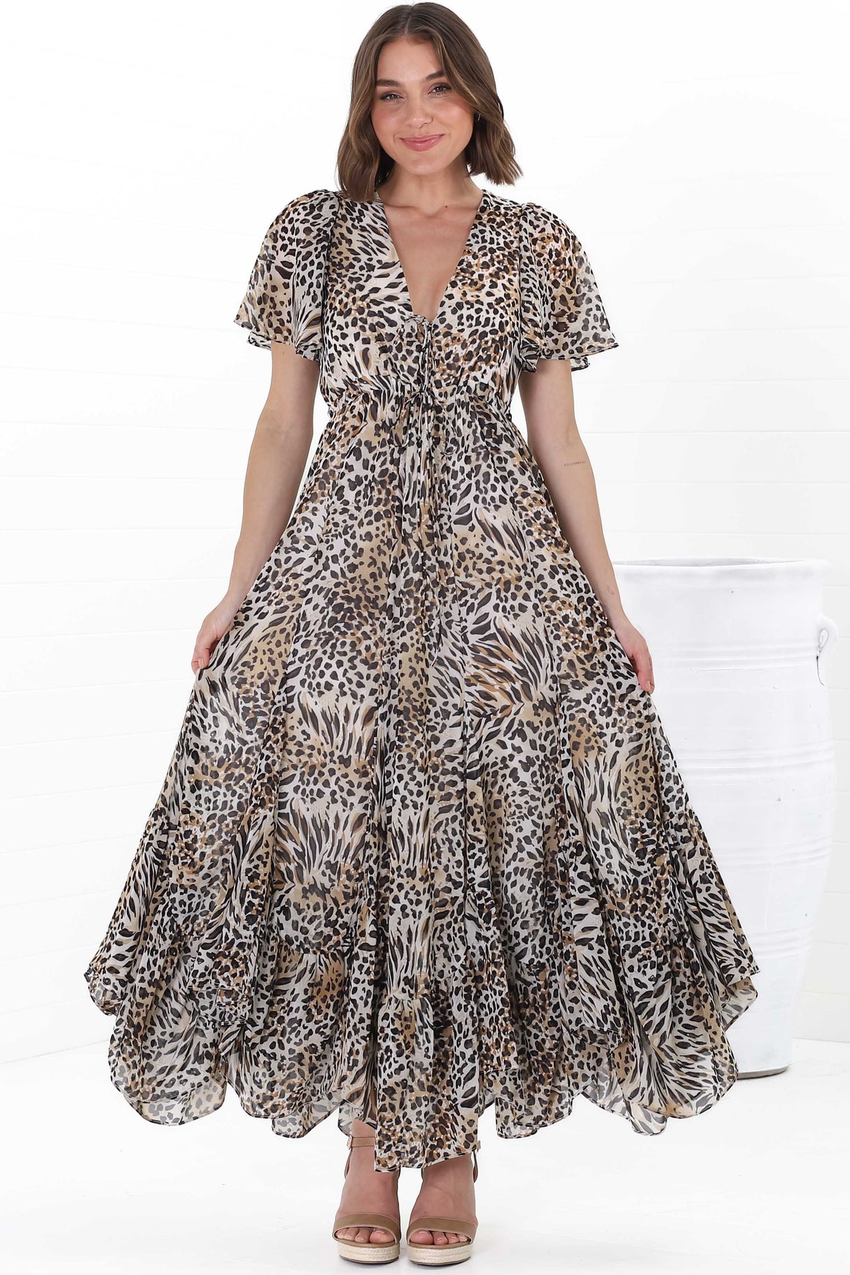 Ranaya Maxi Dress - Cap Sleeve Tie Bust Detailed A-Line Dress in Ralie Print