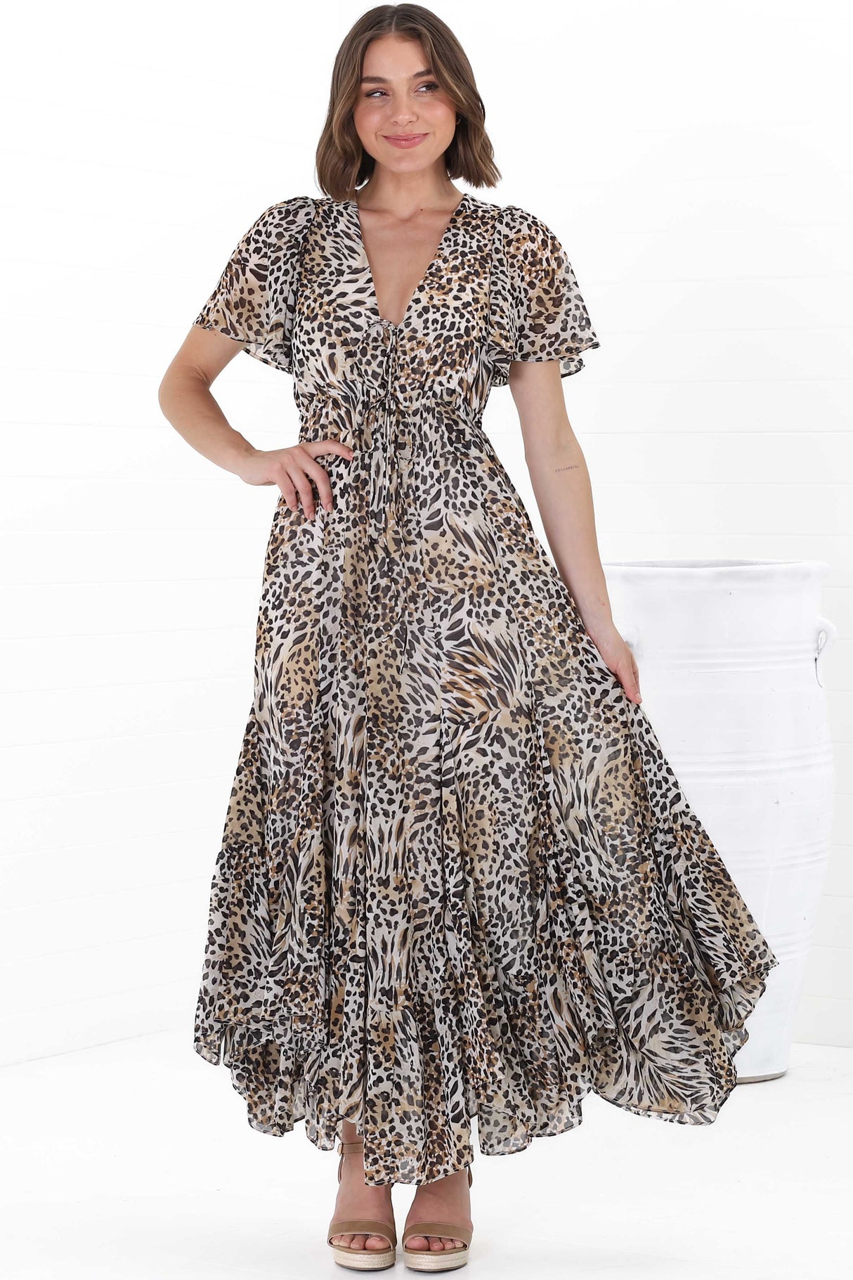 Ranaya Maxi Dress - Cap Sleeve Tie Bust Detailed A-Line Dress in Ralie Print