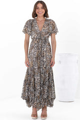 Ranaya Maxi Dress - Cap Sleeve Tie Bust Detailed A-Line Dress in Ralie Print