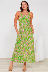 Rani Midi Dress - A-Line Sun Dress with Pockets and Adjustable Straps in Posie Print