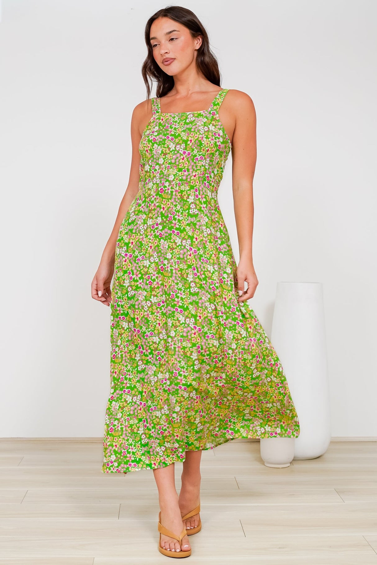 Rani Midi Dress - A-Line Sun Dress with Pockets and Adjustable Straps in Posie Print