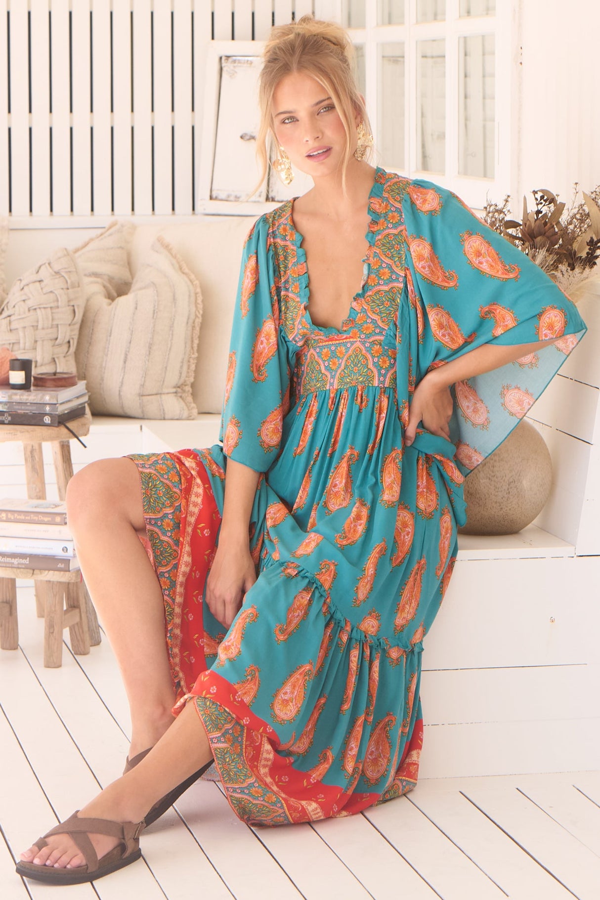 Raya Maxi Dress - Deep V Neck Frill Collar Batwing Sleeve Dress in Melody Print