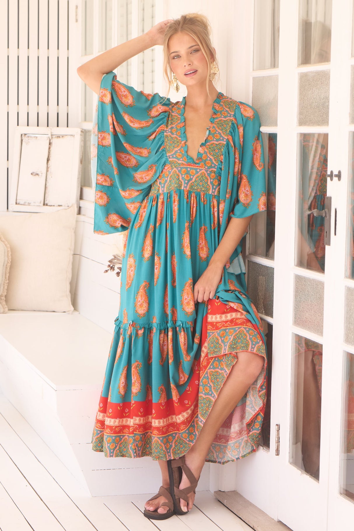 Raya Maxi Dress - Deep V Neck Frill Collar Batwing Sleeve Dress in Melody Print