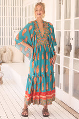 Raya Maxi Dress - Deep V Neck Frill Collar Batwing Sleeve Dress in Melody Print