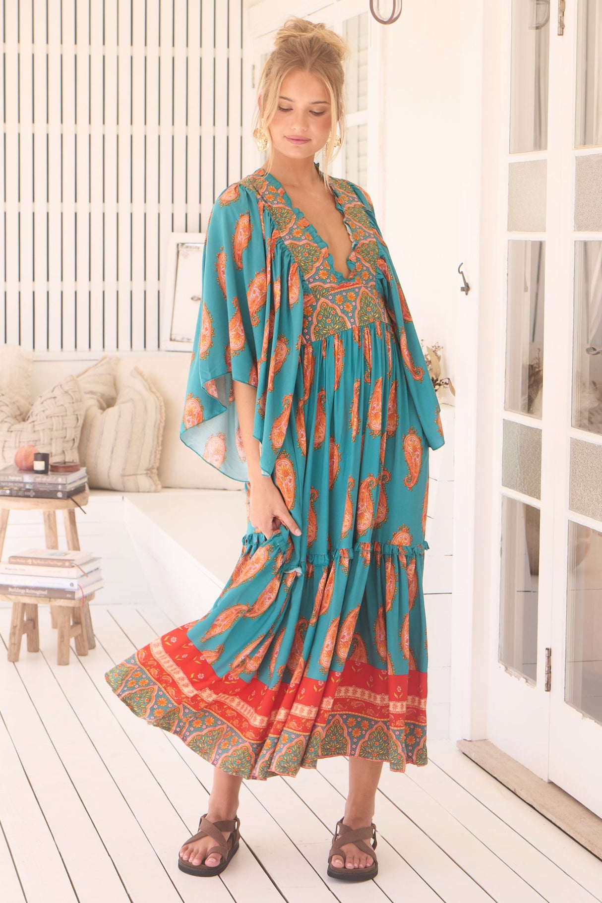 Raya Maxi Dress - Deep V Neck Frill Collar Batwing Sleeve Dress in Melody Print