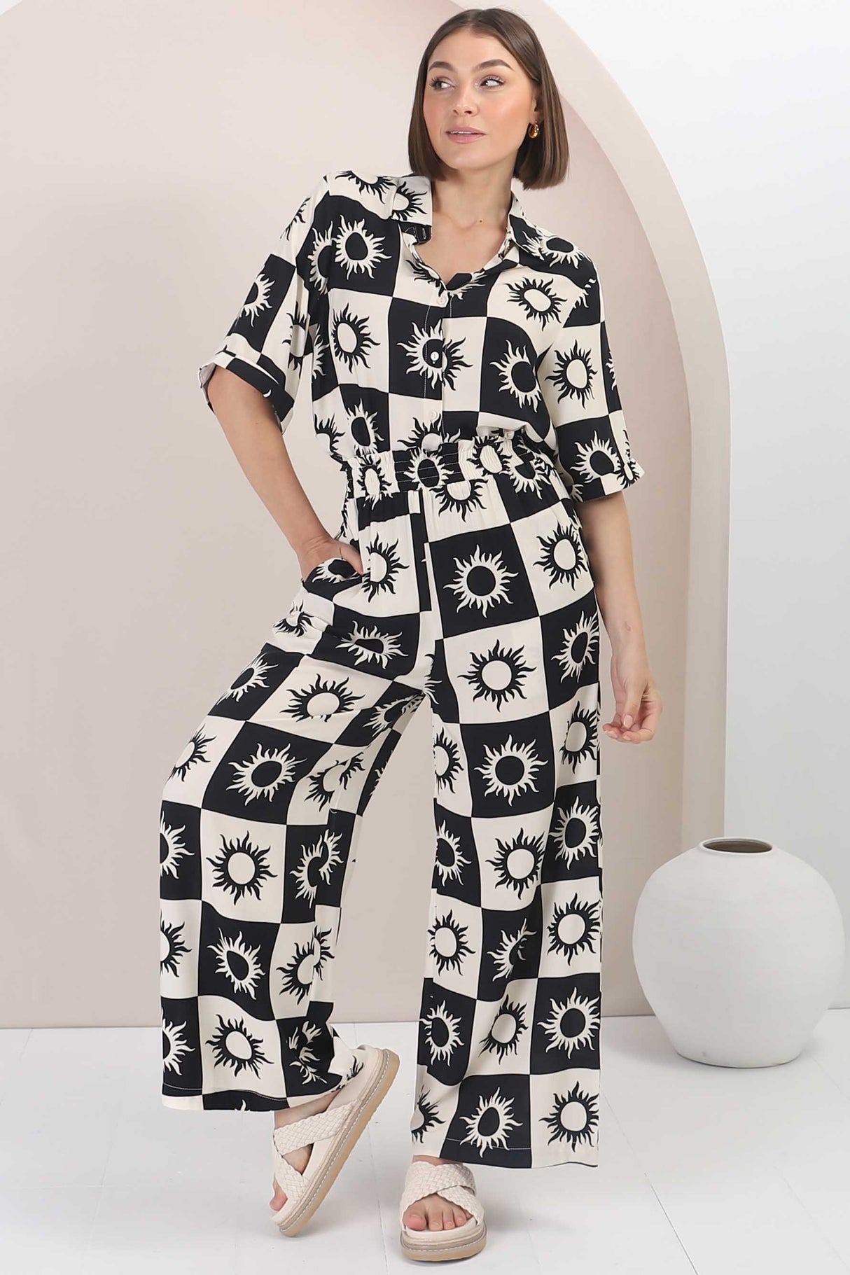 Rayane Collared Shirt and Pants Set - Sulane Print in Black