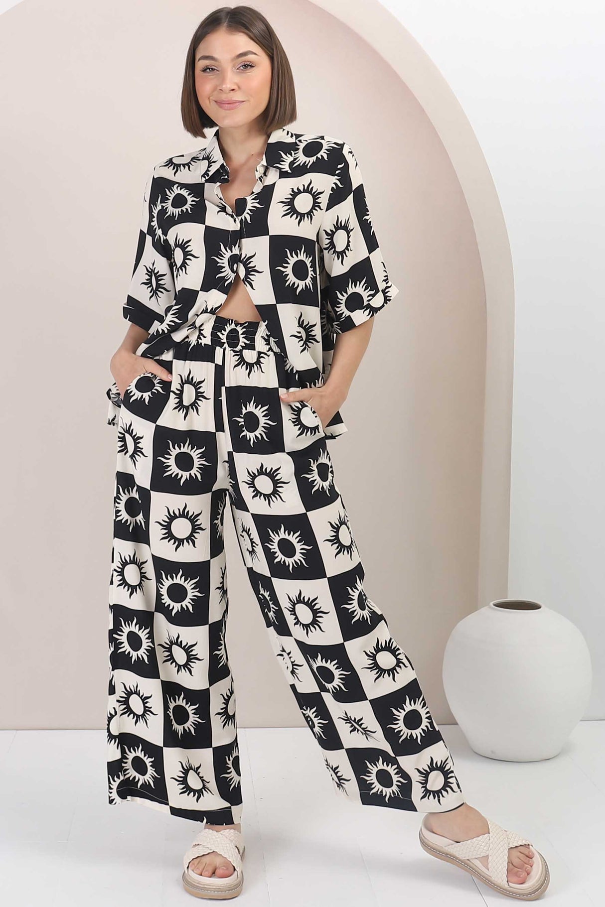 Rayane Collared Shirt and Pants Set - Sulane Print in Black