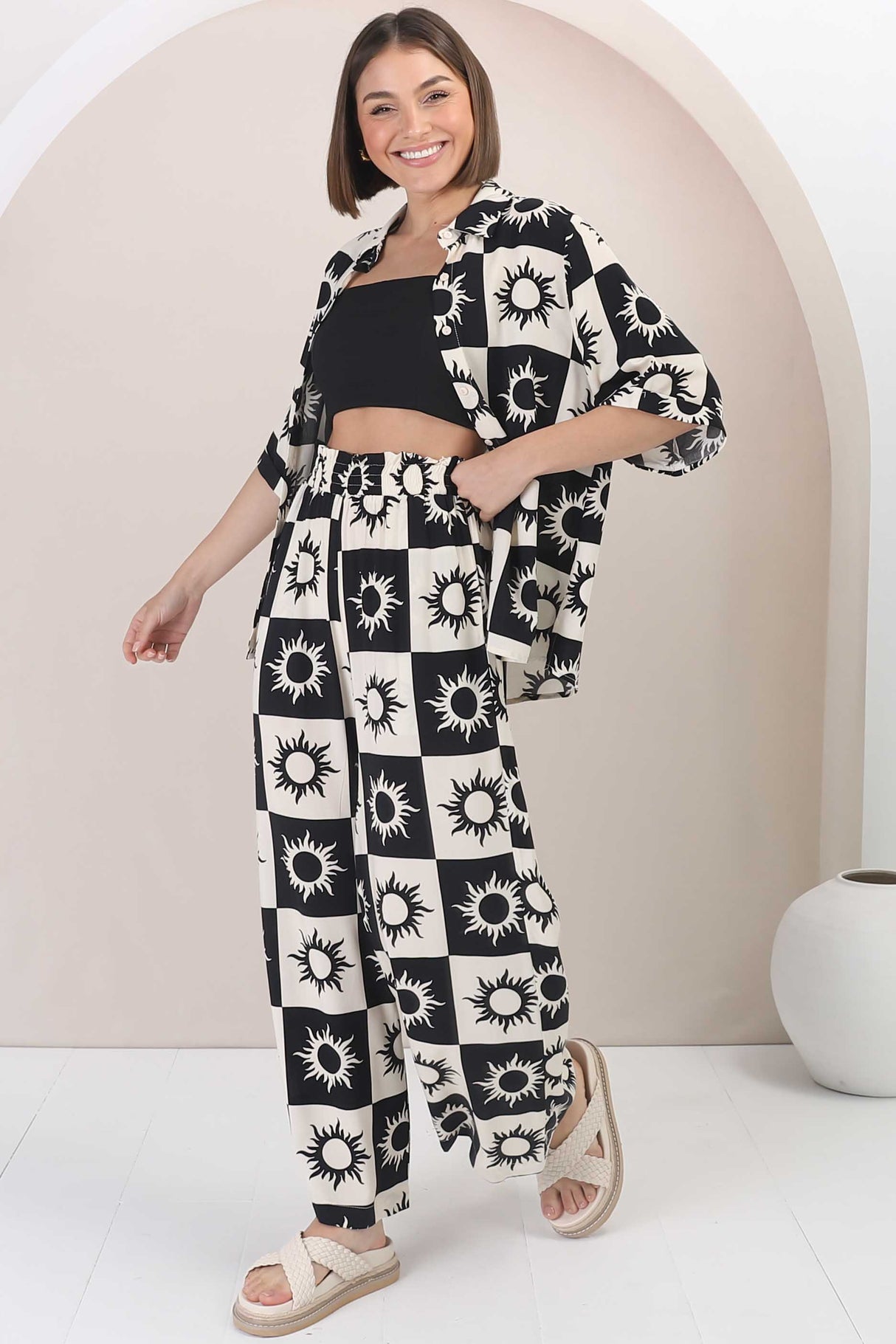 Rayane Collared Shirt and Pants Set - Sulane Print in Black