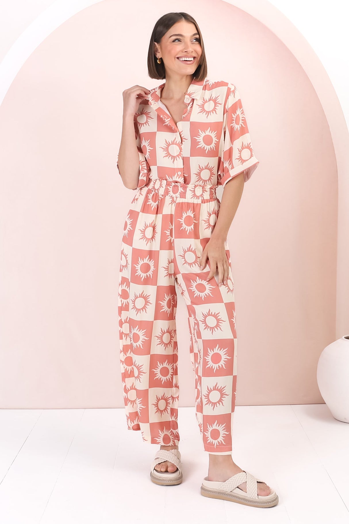 Rayane Collared Shirt and Pants Set - Sulane Print in Pink