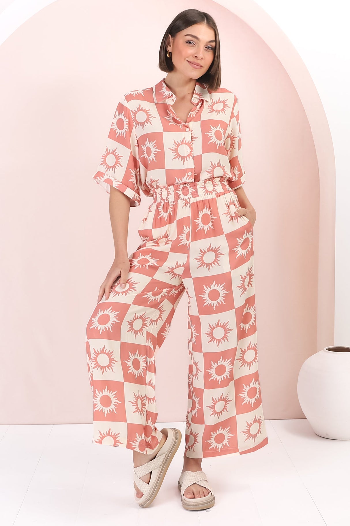 Rayane Collared Shirt and Pants Set - Sulane Print in Pink