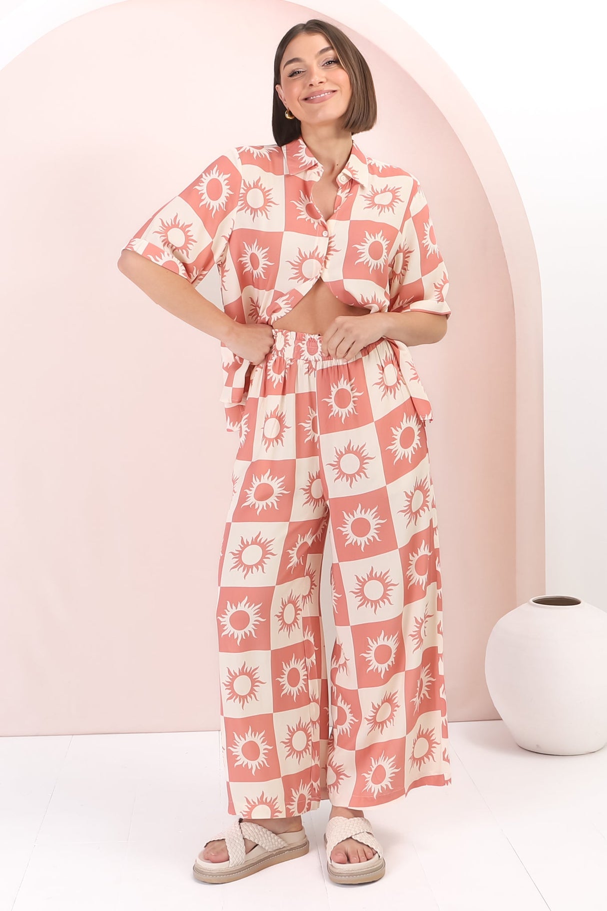 Rayane Collared Shirt and Pants Set - Sulane Print in Pink