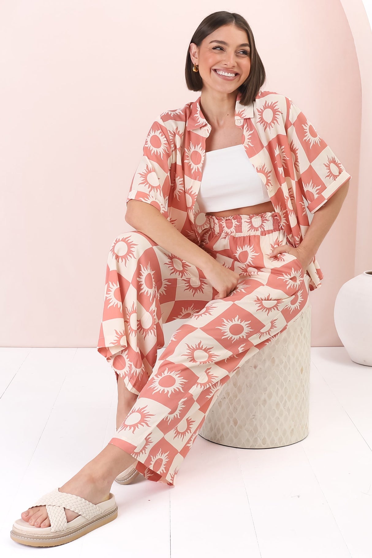 Rayane Collared Shirt and Pants Set - Sulane Print in Pink